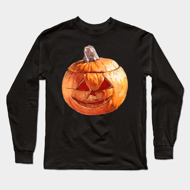 Watercolor Smiling Carved Pumpkin Long Sleeve T-Shirt by AquarellChill